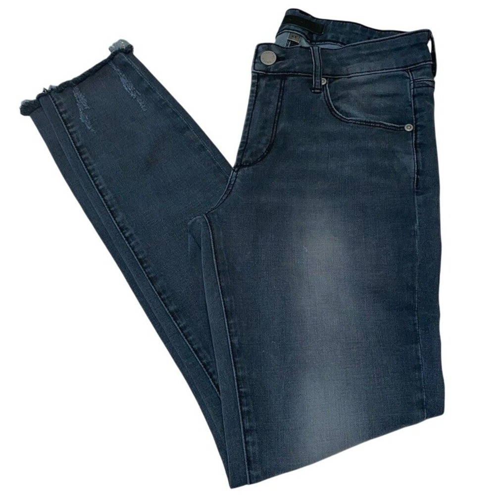 Leith Womens Mid-Rise Skinny Ankle Jeans Dark Wash Distressed Raw Hem Size 25